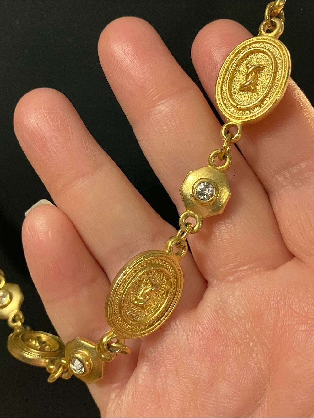 Vintage High Quality Oval Link Necklace with Crystal Accents Gold Tone 24”